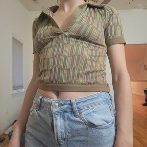 Groovy 70s knitted mod collared shirt a fun work piece. Unique color way